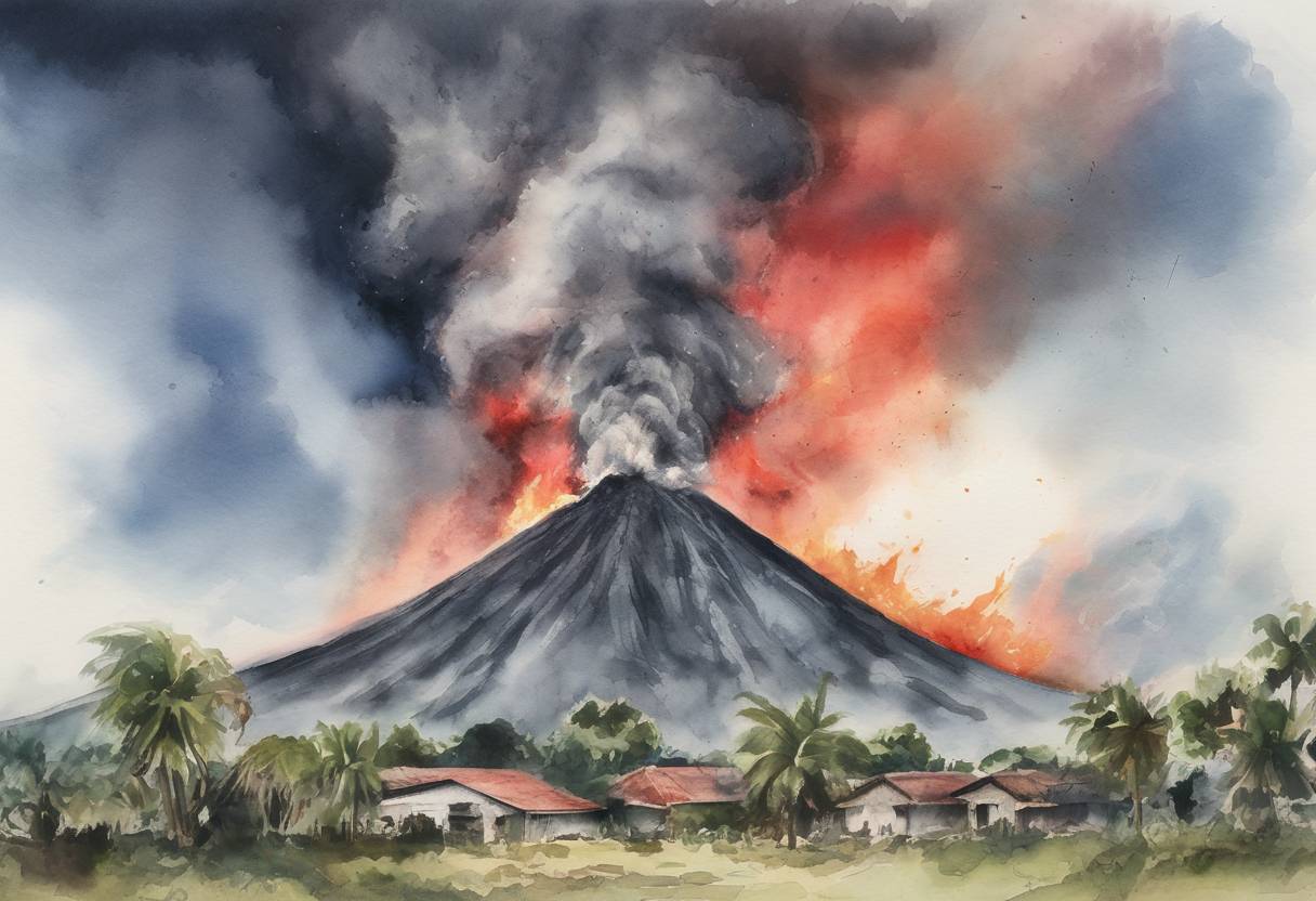 Watercolor painting based depiction of Guatemala's Fuego volcano erupts, resulting in the deaths of at least 190 people and causing widespread destruction. (2018)