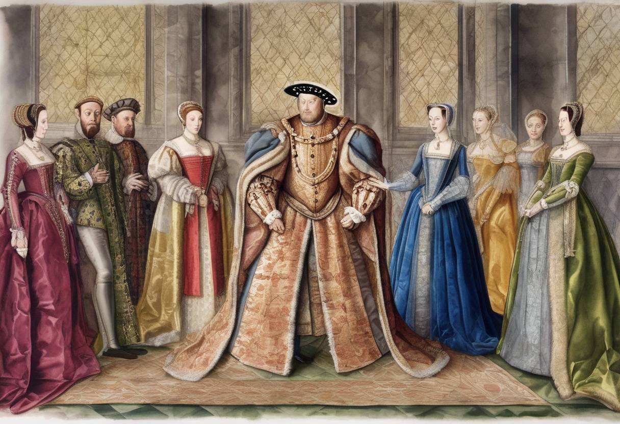 Watercolor painting based depiction of King Henry VIII of England married his sixth and final wife, Catherine Parr. Catherine played a key role in reconciling Henry with his daughters and was influential in the education of Elizabeth I. (1543)
