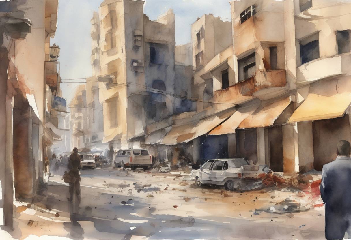 Watercolor painting based depiction of A series of suicide bombings occurred in Casablanca, Morocco, targeting various locations including a hotel, a Jewish community center, and a Spanish restaurant, resulting in 33 civilian deaths and over 100 injuries. (2003)