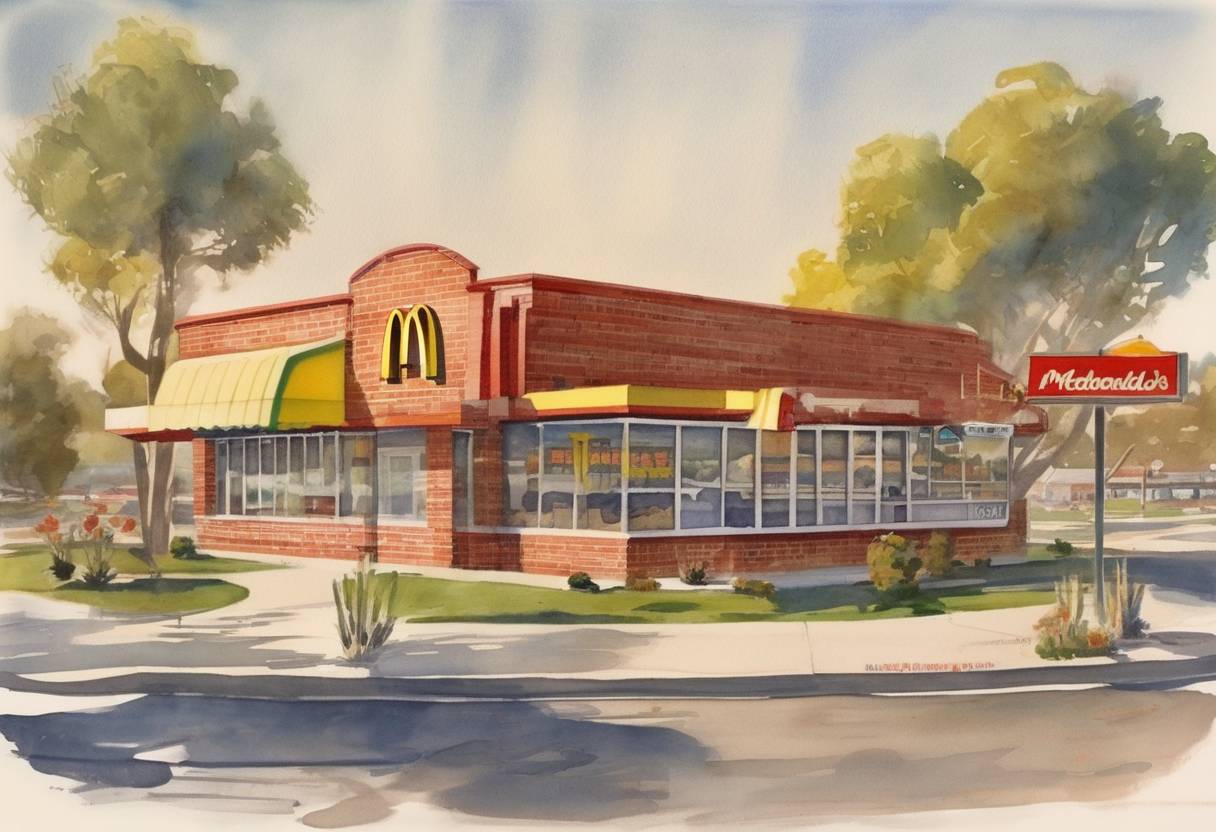 Watercolor painting based depiction of The first McDonald's restaurant opened in San Bernardino, California, founded by Richard and Maurice McDonald. (1940)