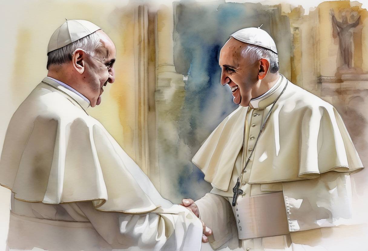 Watercolor painting based depiction of Pope Francis and Patriarch Kirill of the Russian Orthodox Church met in Havana, Cuba, marking the first meeting between the leaders of the Roman Catholic and Russian Orthodox Churches since the Great Schism of 1054. (2016)