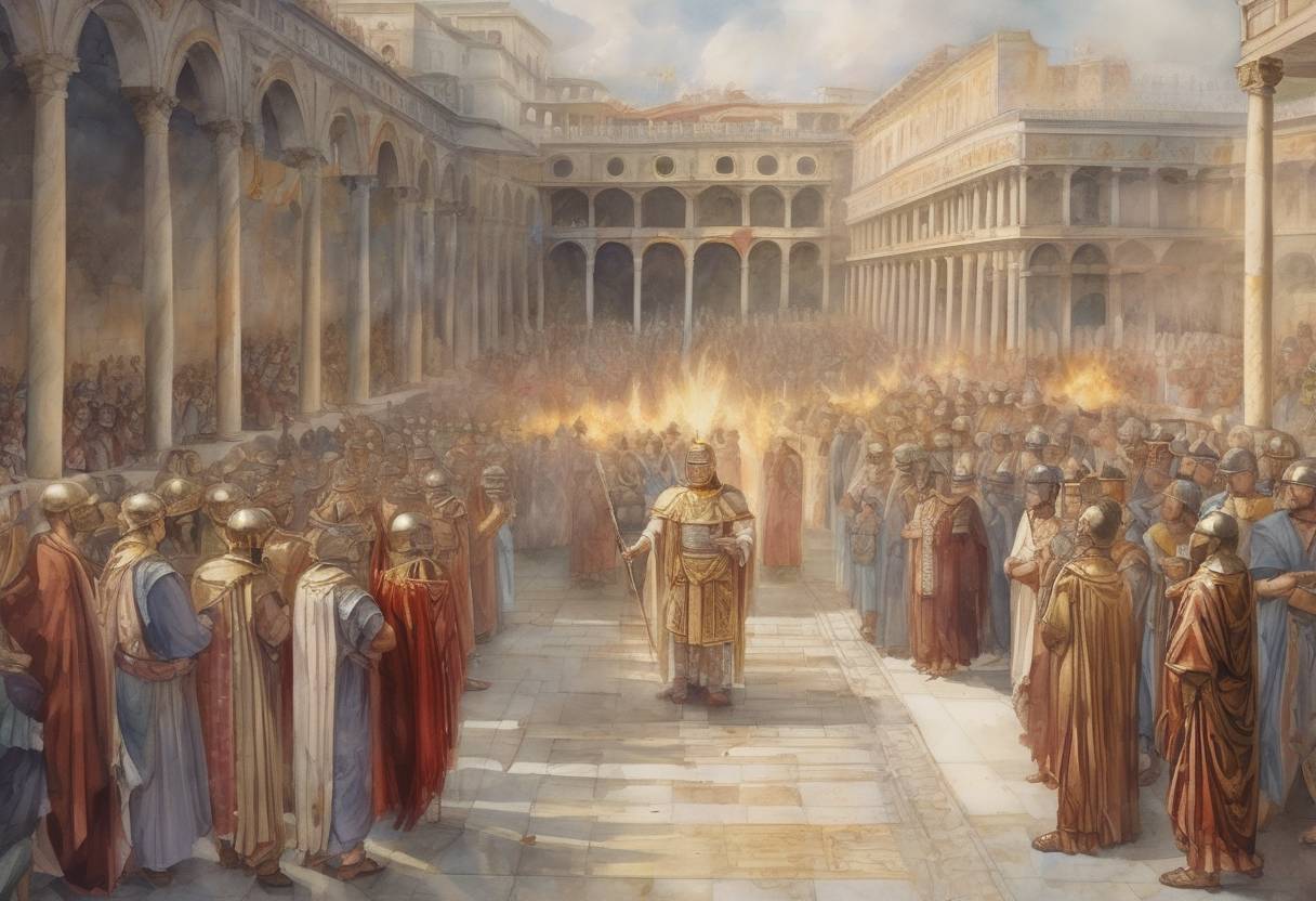 Watercolor painting based depiction of The Roman Emperor Arcadius issues a decree that prohibits pagan worship and sacrifices, furthering the Christianization of the Roman Empire. (399)