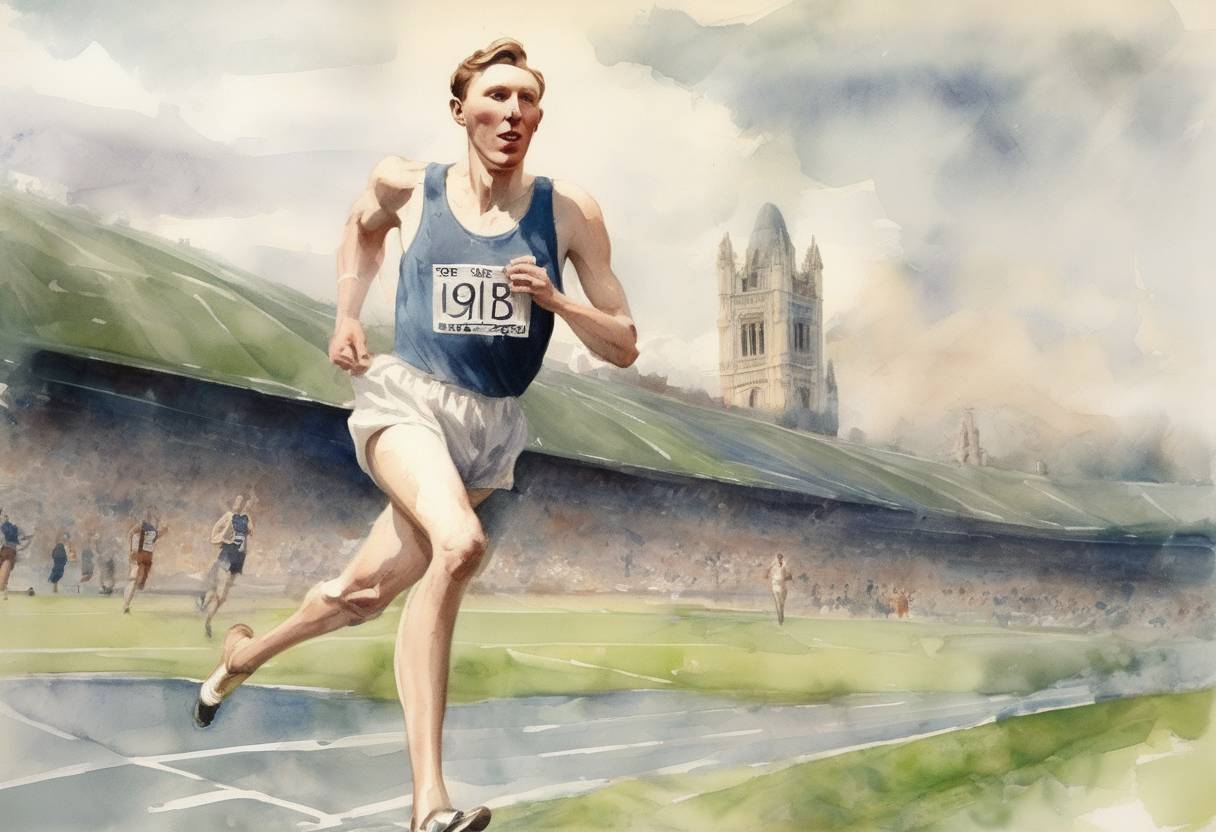 Watercolor painting based depiction of Roger Bannister, a British athlete, became the first person to run a mile in under four minutes, achieving a time of 3 minutes 59.4 seconds. (1954)