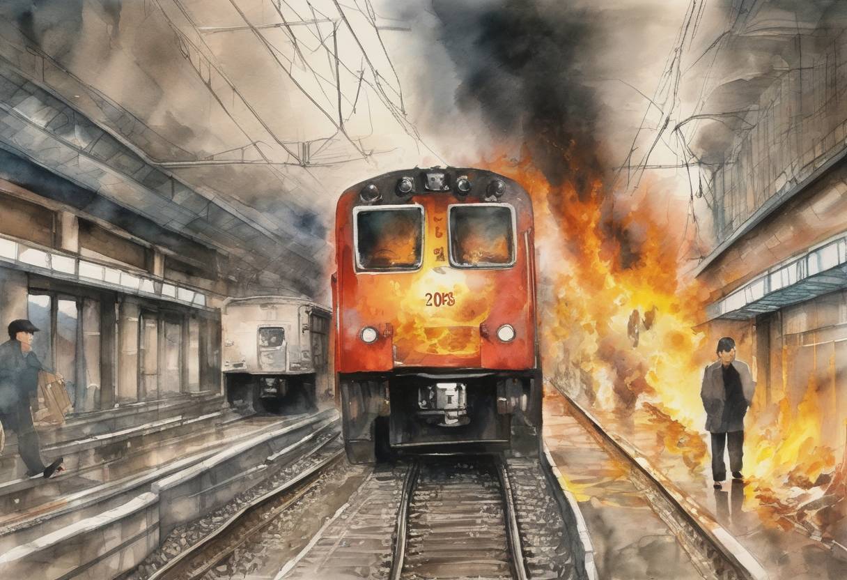 Watercolor painting based depiction of An arson attack on a subway train in Daegu, South Korea, resulted in the deaths of 192 people. (2003)