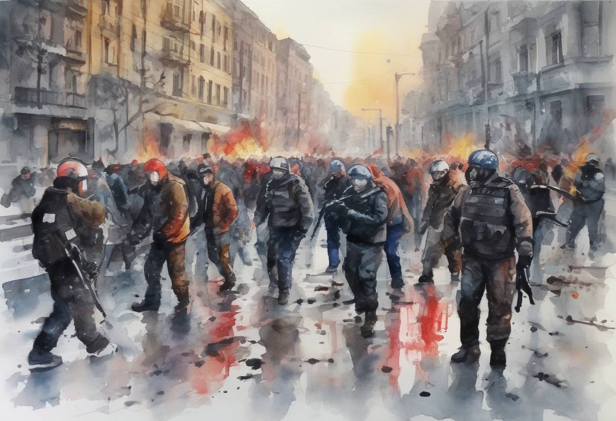 Watercolor painting based depiction of Violence escalated in Ukraine during the Euromaidan protests, with police and protesters clashing in Kyiv, resulting in numerous deaths and injuries. This day marked one of the deadliest in the conflict, leading to significant political changes in Ukraine. (2014)