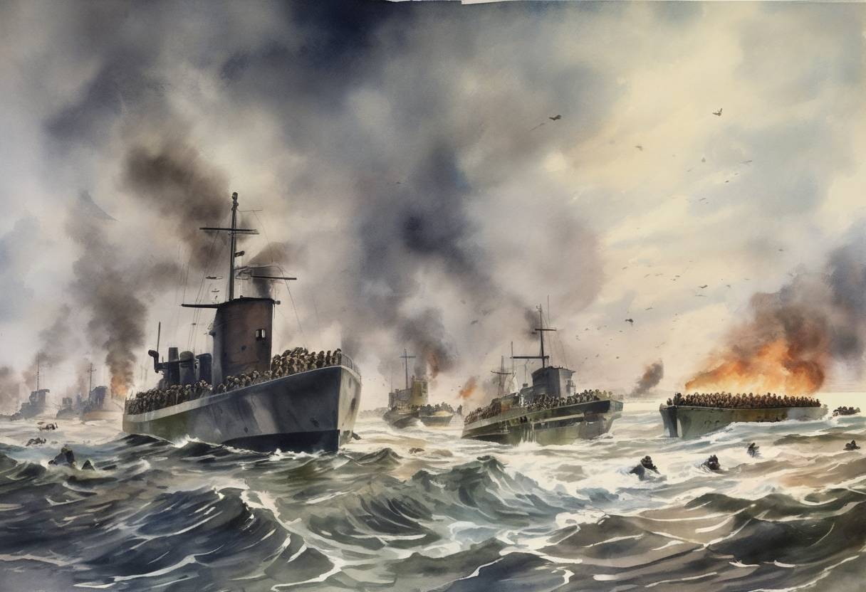Watercolor painting based depiction of Operation Dynamo, the evacuation of Allied soldiers from Dunkirk, France, began during World War II. (1940)