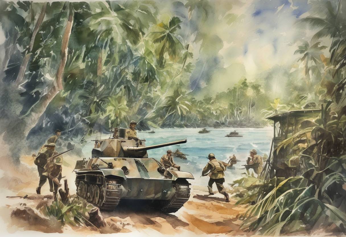 Watercolor painting based depiction of The Battle of Guadalcanal ended with a strategic victory for the Allies, marking a turning point in the Pacific War during World War II. (1943)