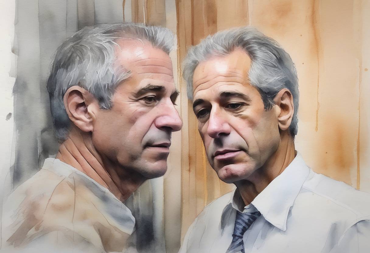 Watercolor painting based depiction of Jeffrey Epstein, a financier facing charges of sex trafficking, was found dead in his cell at the Metropolitan Correctional Center in New York City, leading to widespread controversy and conspiracy theories. (2019)