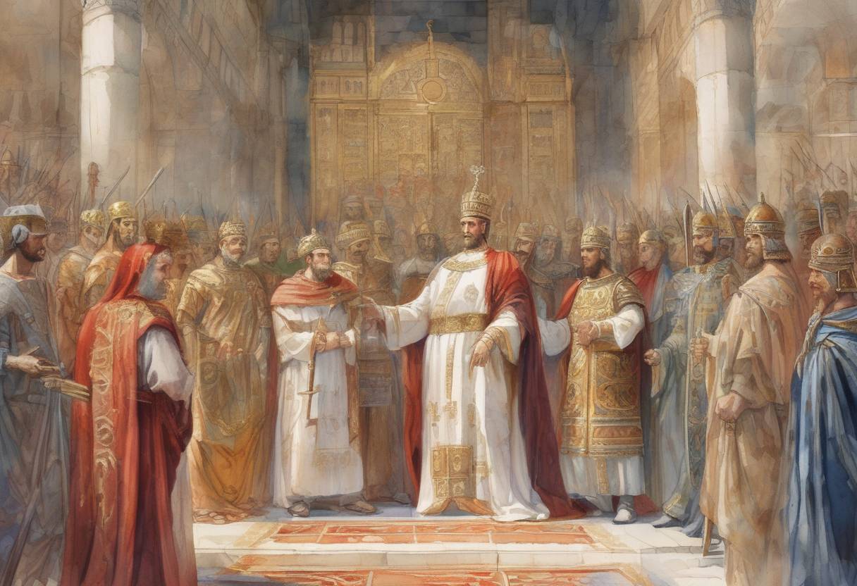 Watercolor painting based depiction of Tiberius II Constantine is crowned as the Byzantine Emperor, succeeding Justin II. (582)