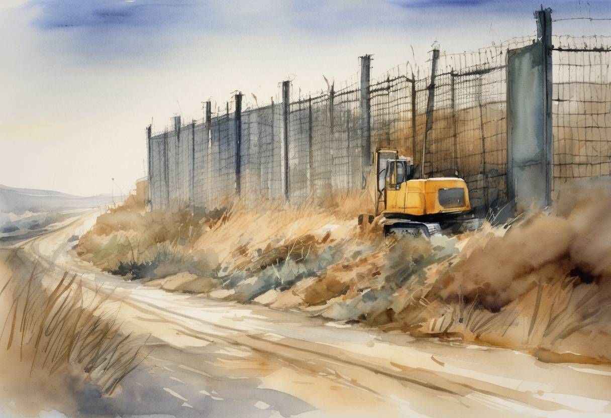 Watercolor painting based depiction of The International Court of Justice issued an advisory opinion declaring that the construction of the Israeli West Bank barrier violated international law. (2004)