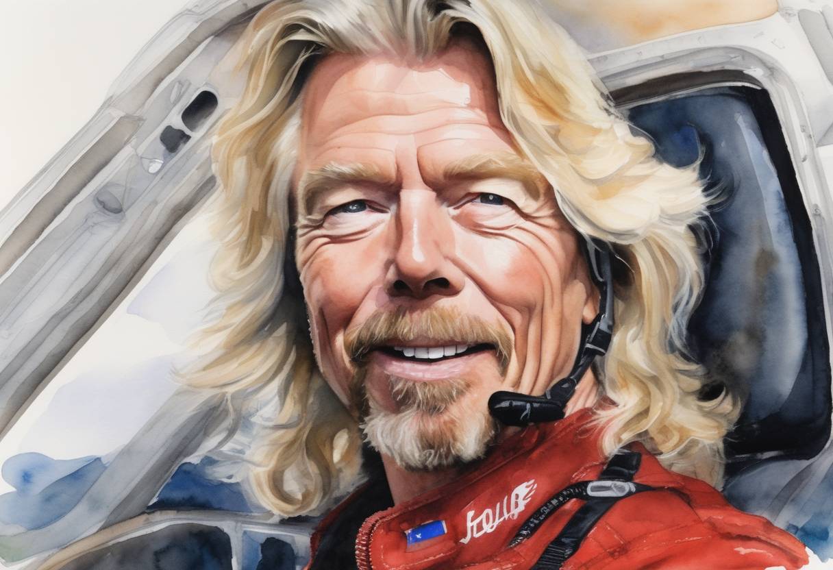 Watercolor painting based depiction of Richard Branson flew to space aboard Virgin Galactic's SpaceShipTwo, marking a milestone for space tourism. (2021)