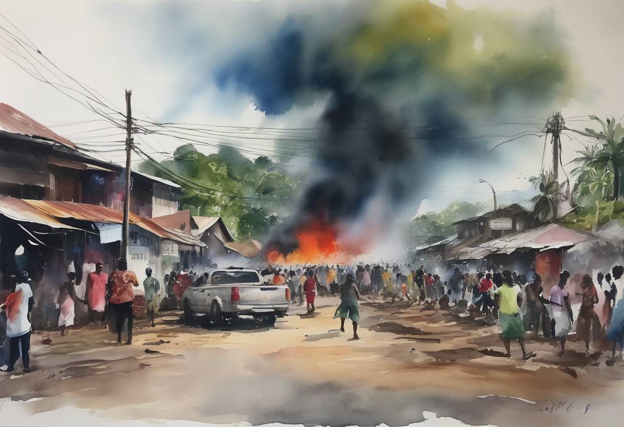 Watercolor painting based depiction of Violence erupted in the Solomon Islands capital, Honiara, leading to protests and looting, primarily targeting Chinatown. The unrest was fueled by various factors, including geopolitical tensions and dissatisfaction with the government of Prime Minister Manasseh Sogavare. (2021)