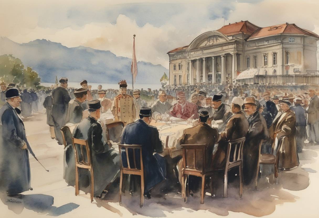 Watercolor painting based depiction of The Treaty of Lausanne was signed, officially making Lausanne the seat of the League of Nations' Permanent Court of International Justice, following the dissolution of the Ottoman Empire. (1923)