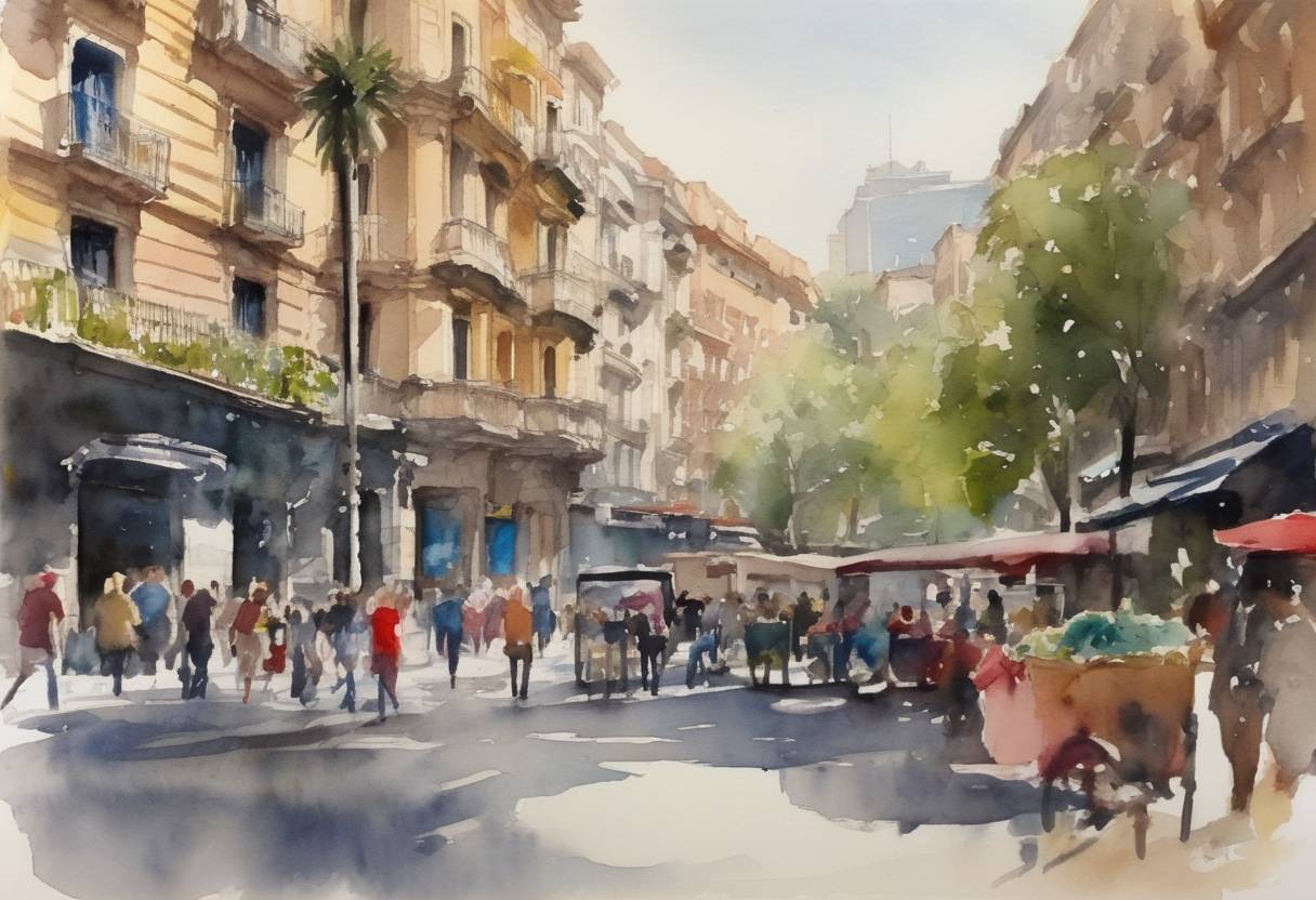 Watercolor painting based depiction of The district assembly of Catalonia, a region in Spain, formally declared the Catalan Republic independent from Spain following political conflict over the independence movement. (2019)
