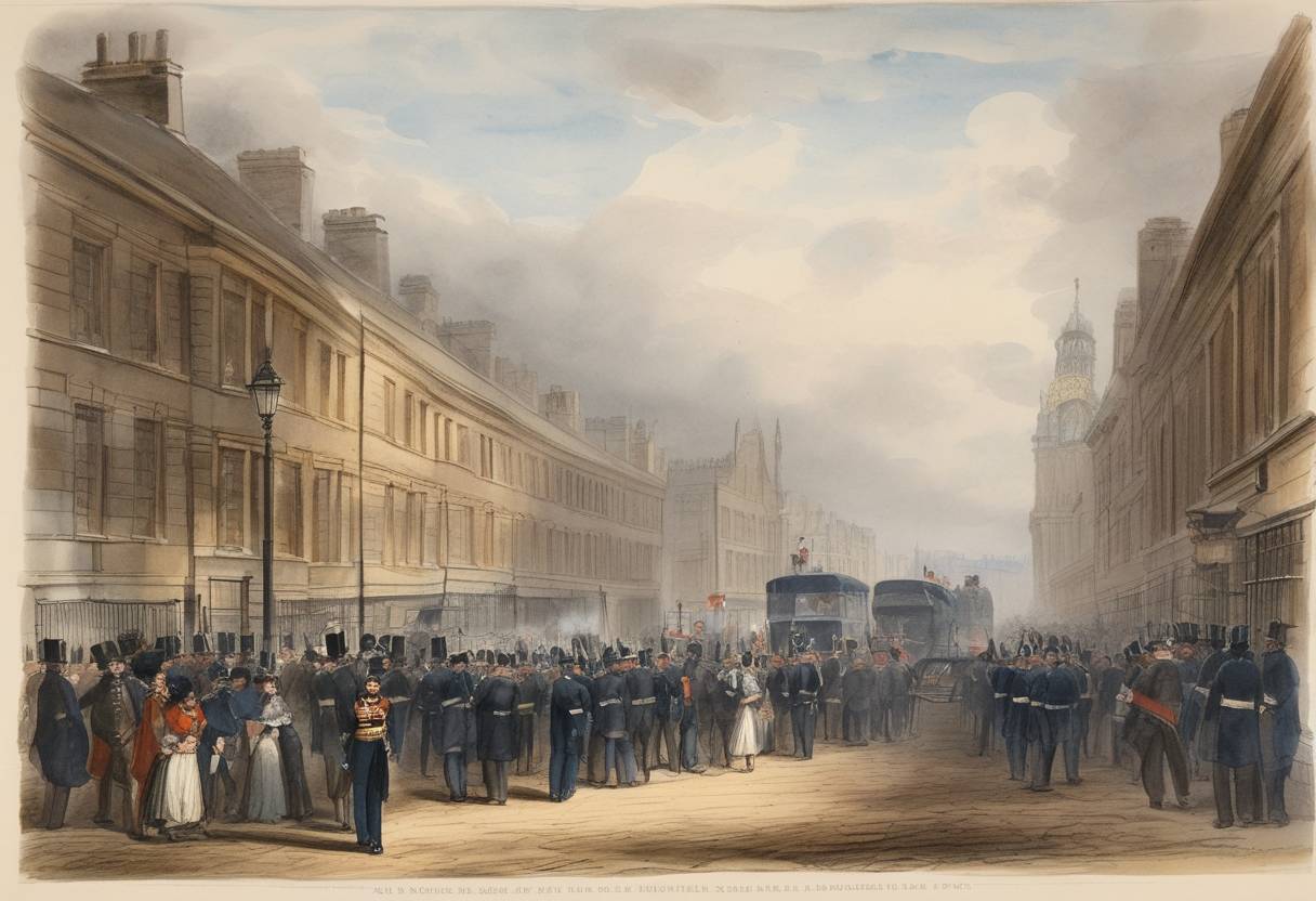 Watercolor painting based depiction of The English Act of Parliament known as Nye Chartism, formally the Metropolitan Police Act, reorganizes and standardizes police functions, principally in London, and lays foundations for modern policing methods. (1849)