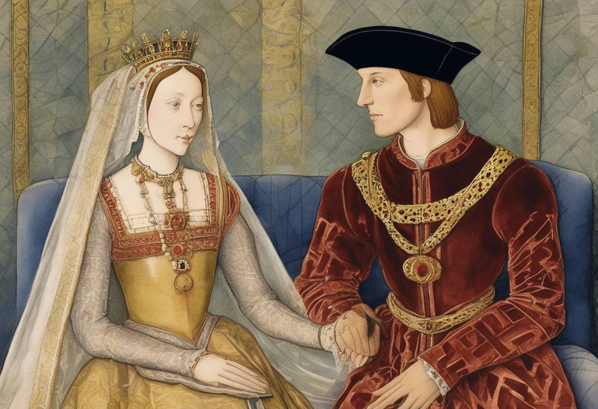 Watercolor painting based depiction of Prince Arthur, eldest son of Henry VII of England, marries Catherine of Aragon. (1501)