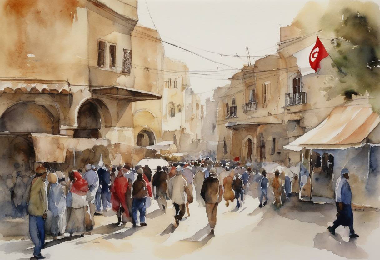 Watercolor painting based depiction of Tunisia held its first free elections since the Arab Spring protests, marking a significant milestone in the country's path to democracy. (2011)
