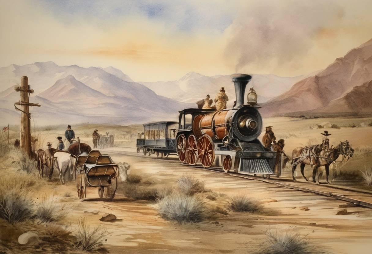 Watercolor painting based depiction of The first transcontinental telegraph message was sent successfully, marking a significant milestone in communication technology in the United States. (1861)