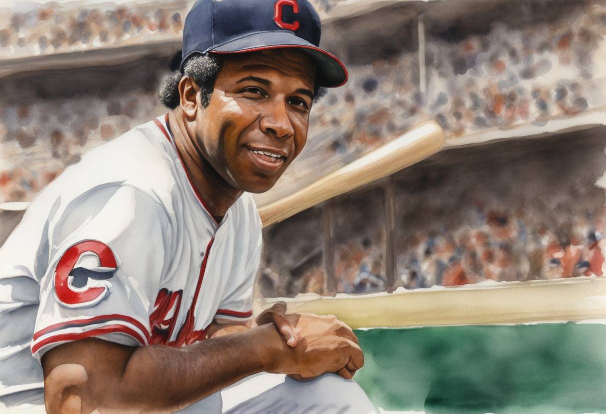 Watercolor painting based depiction of Frank Robinson managed his first Major League Baseball game for the Cleveland Indians, becoming the first African American manager in MLB history, representing a major milestone in sports equality. (1975)