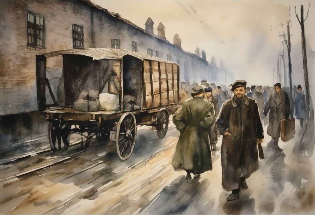 Watercolor painting based depiction of The first transports of Jewish people from Greece arrived at Auschwitz concentration camp, part of the Holocaust during World War II. (1944)