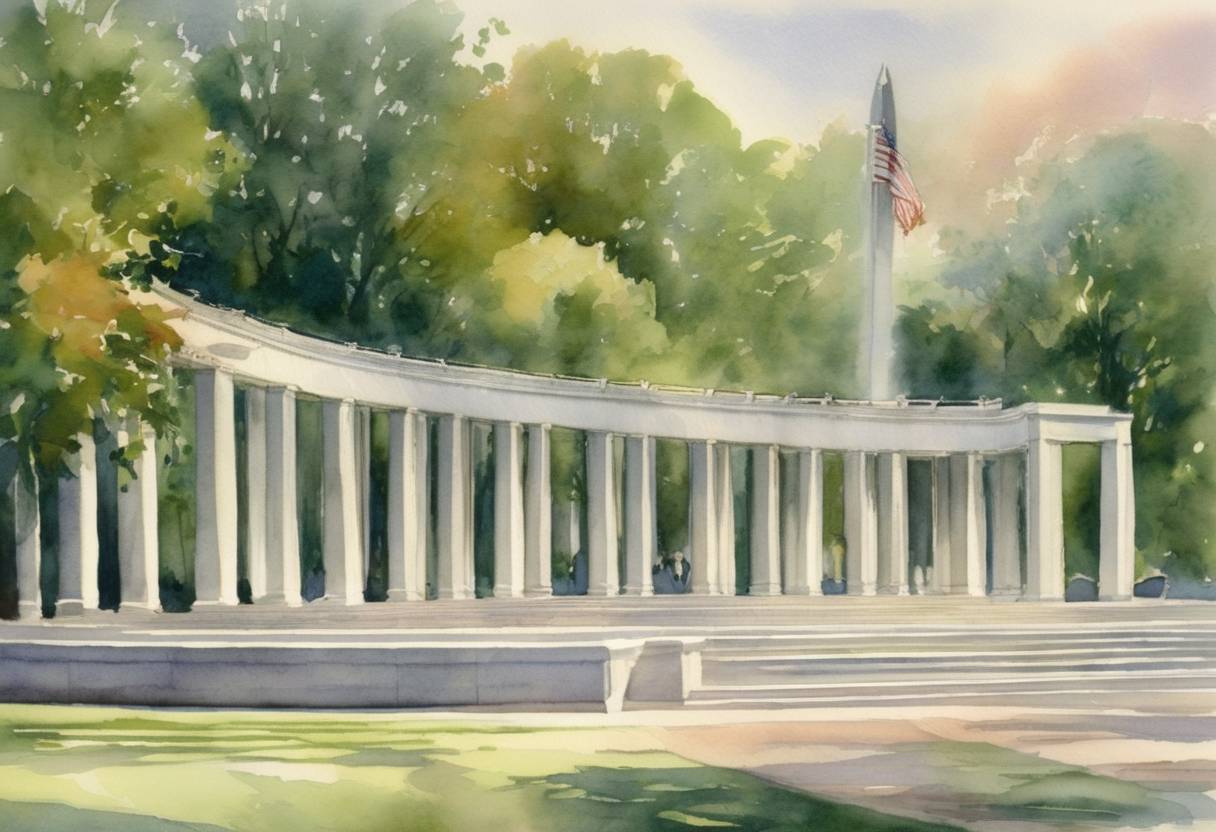Watercolor painting based depiction of The World War II Memorial was dedicated in Washington, D.C., to honor Americans who served in the armed forces and as civilians during World War II. (2004)