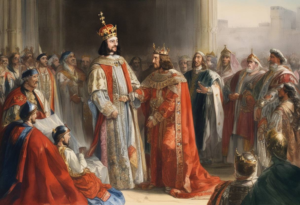 Watercolor painting based depiction of Charles I of Anjou is coronated as King of Albania. (1271)