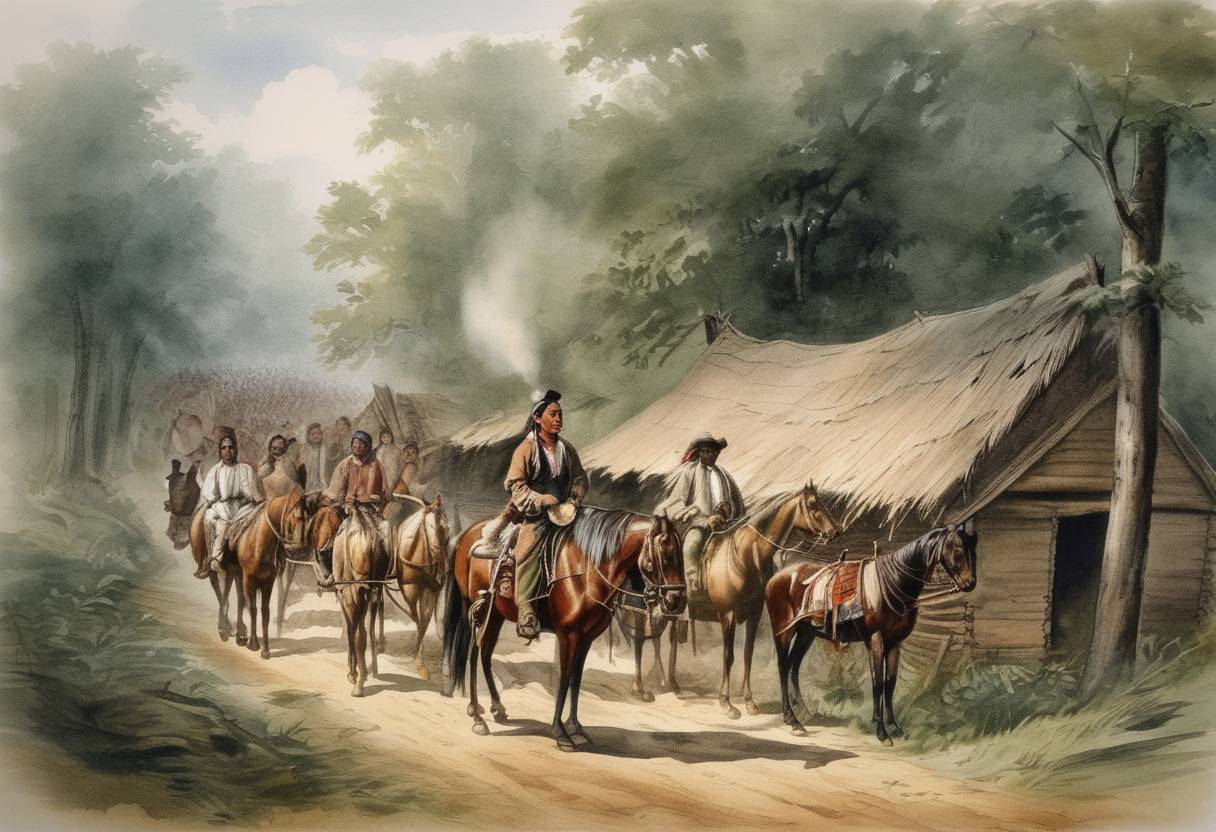 Watercolor painting based depiction of A portion of the Cherokee Nation began the forced journey known as the 'Trail of Tears'. The removal of the Cherokees was part of a series of relocations ordered by the U.S. government through policies like the Indian Removal Act of 1830. This tragic event resulted in the suffering and deaths of thousands of Cherokee. (1838)