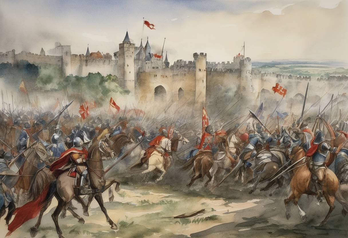 Watercolor painting based depiction of The decisive Battle of Tours-Poitiers takes place during the Hundred Years' War, culminating in the defeat of the invading Scots by Edward III of England. (1333)