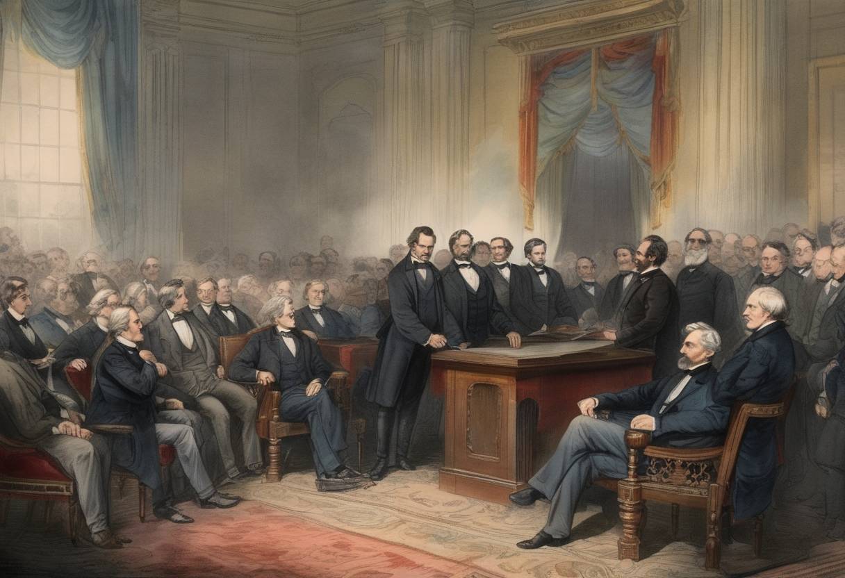 Watercolor painting based depiction of Jefferson Davis is elected as the President of the Confederate States of America. (1861)