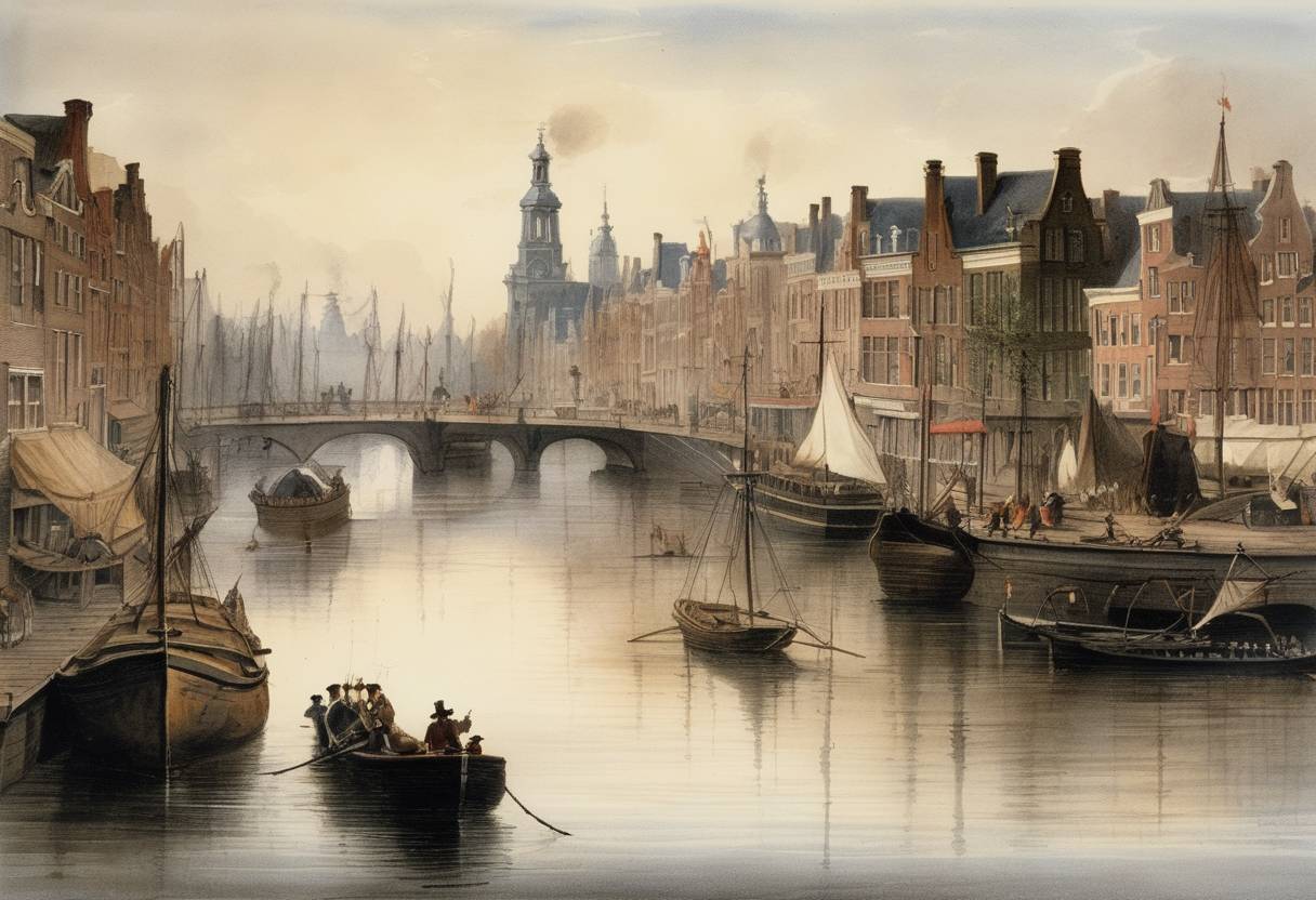 Watercolor painting based depiction of The French began the occupation of Amsterdam during the Napoleonic Wars. (1810)
