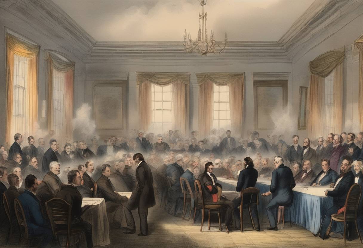Watercolor painting based depiction of The Republican Party holds its first national meeting in Pittsburgh, Pennsylvania. (1856)
