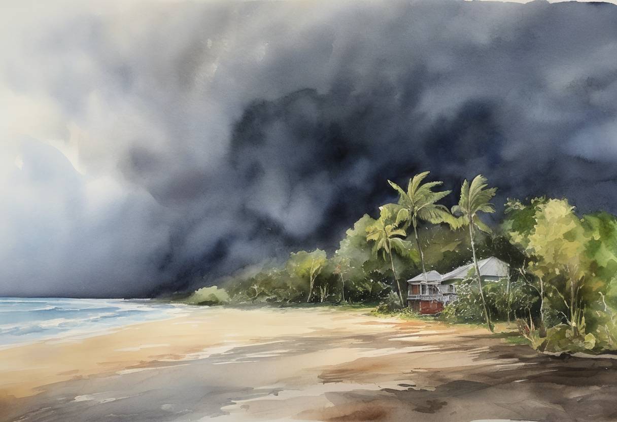Watercolor painting based depiction of Cyclone Winston made landfall in Fiji, becoming the most intense tropical cyclone on record in the Southern Hemisphere, causing widespread destruction. (2016)