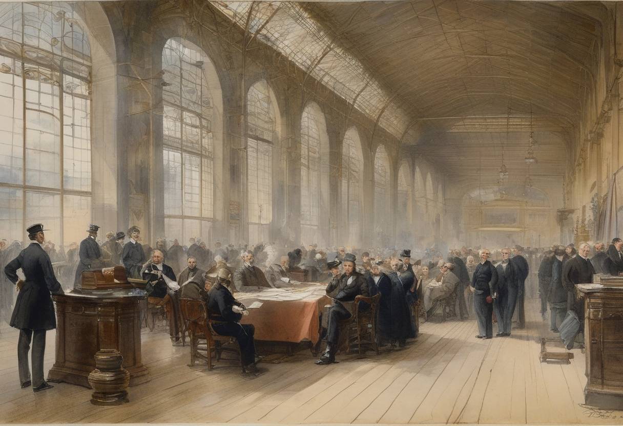 Watercolor painting based depiction of The Paris Convention for the Protection of Industrial Property was signed, establishing an international agreement for the protection of intellectual property. (1883)