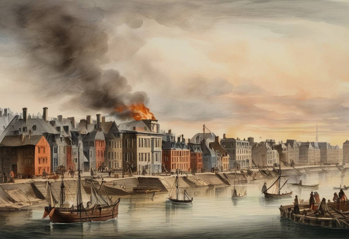 Watercolor painting based depiction of A prominent fire destroyed approximately 30% of the buildings in Montreal, a significant event in the city's history that had a considerable impact on the local population and economy. (1765)