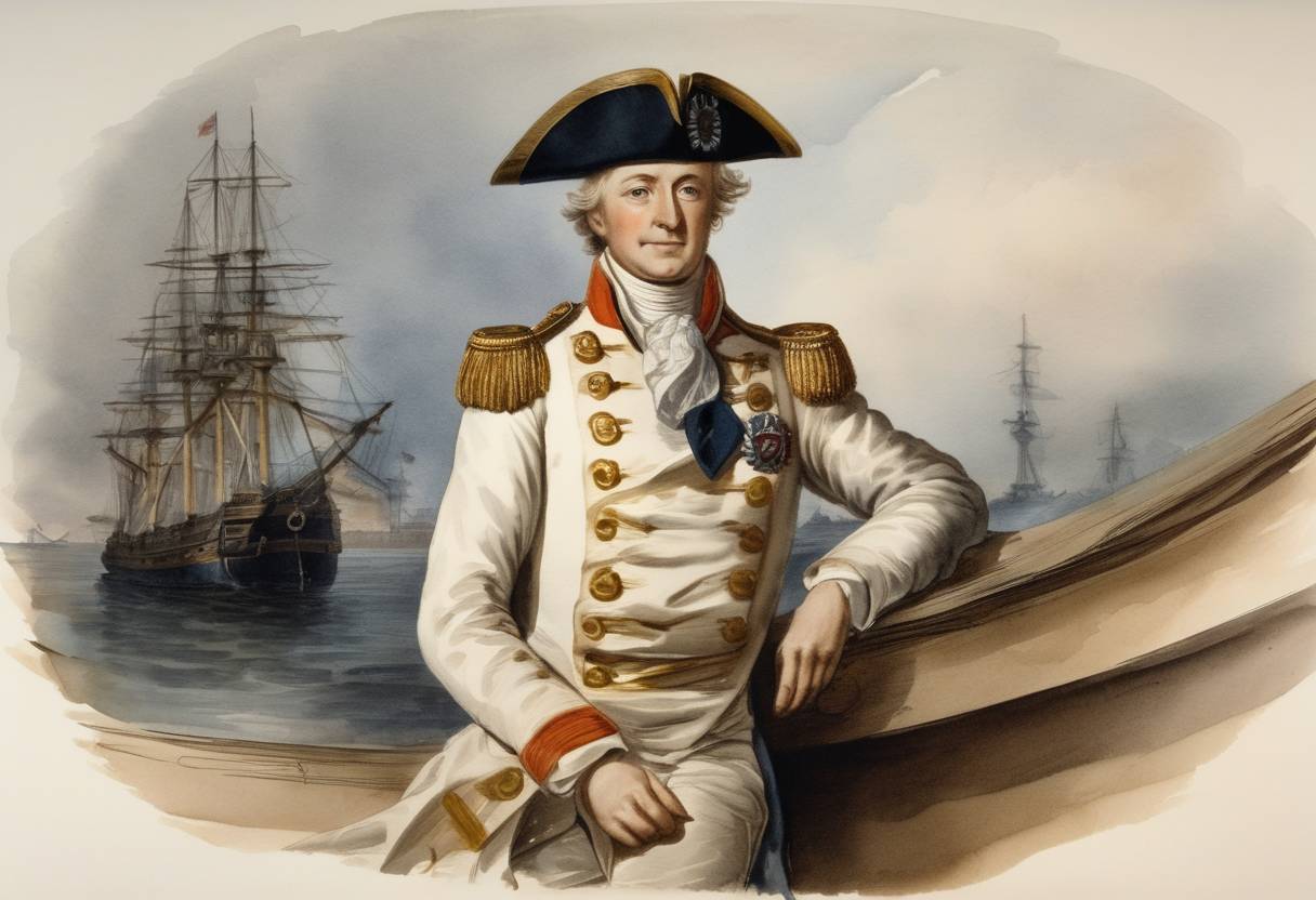 Watercolor painting based depiction of John Paul Jones, a renowned American naval commander in the American Revolutionary War, was appointed a rear admiral in the Russian Navy by Empress Catherine the Great, reflecting his ongoing influence in international naval affairs. (1792)