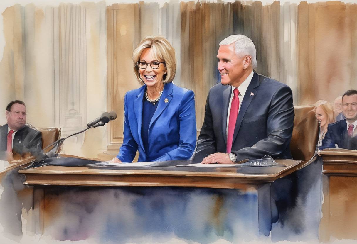 Watercolor painting based depiction of Betsy DeVos was confirmed as the United States Secretary of Education, with Vice President Mike Pence casting a historic tie-breaking vote in the Senate. (2017)