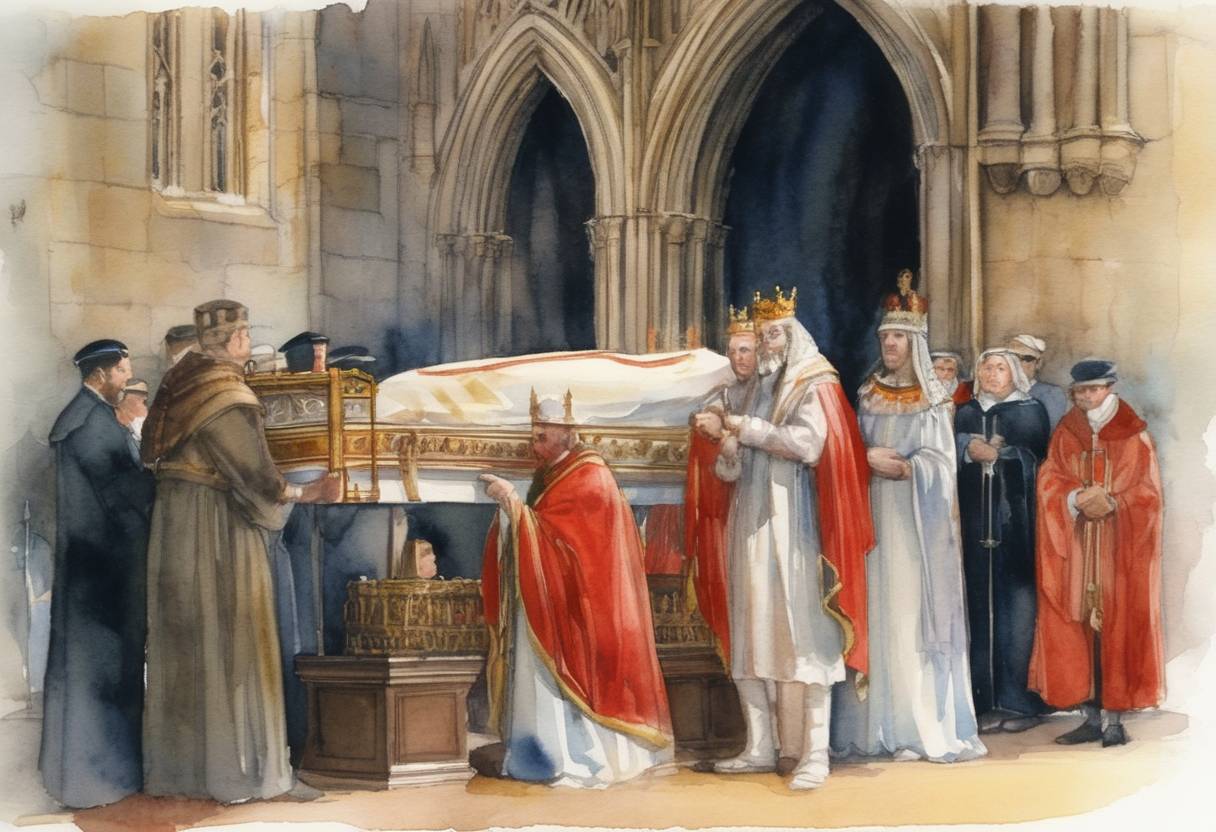 Watercolor painting based depiction of In England, King Edward the Martyr's body is reburied in Shaftesbury Abbey with great ceremony, attended by many dignitaries, considered one of the first instances of popular sainthood in England. (978)