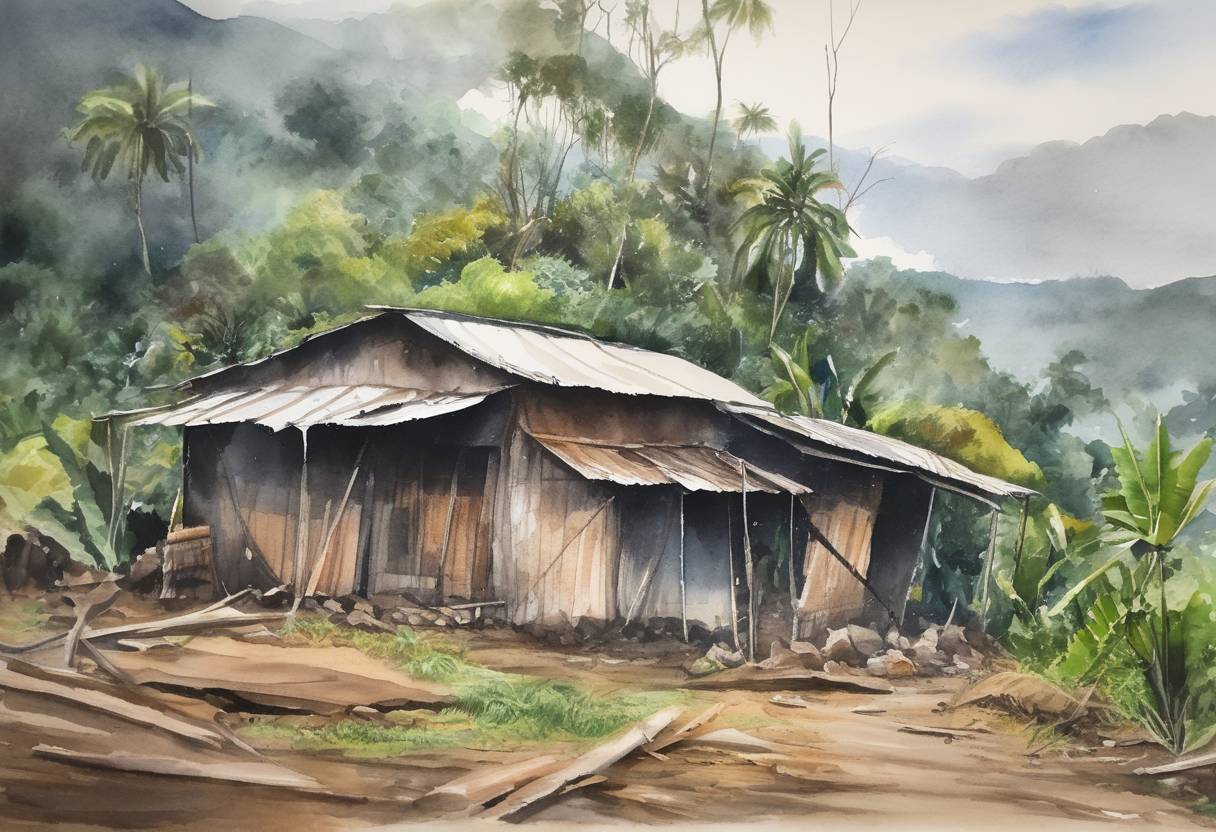 Watercolor painting based depiction of A 7.5-magnitude earthquake hit Papua New Guinea, causing significant damage and triggering landslides across the region. The earthquake resulted in a humanitarian crisis, with many people left homeless and in need of assistance. (2018)