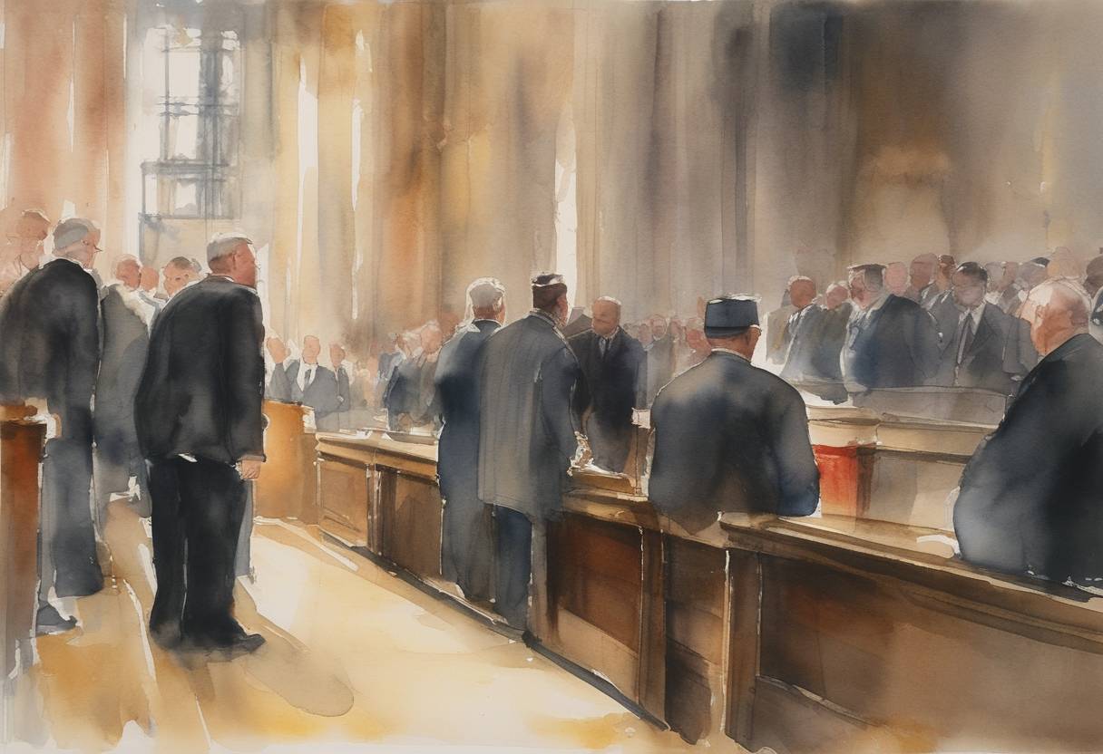 Watercolor painting based depiction of LaGrand Case: Germany files suit with the International Court of Justice against the United States concerning the execution of German nationals Karl and Walter LaGrand. (1999)