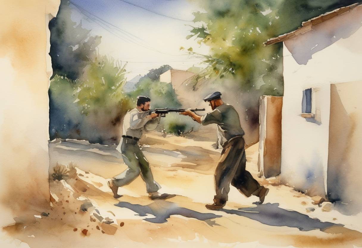 Watercolor painting based depiction of A gunman opens fire in a southern Israel kibbutz, killing five people, including three children. (2002)