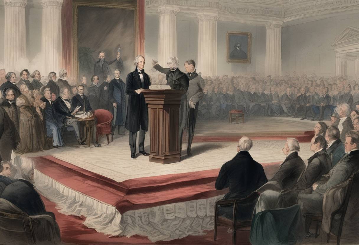 Watercolor painting based depiction of John Tyler is inaugurated as the 10th President of the United States, following the death of President William Henry Harrison. (1841)