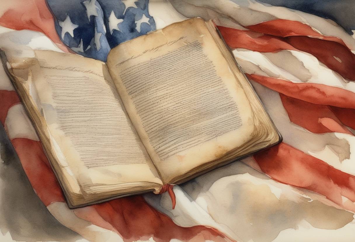 Watercolor painting based depiction of The Constitution of the United States underwent finalization of its draft language, a crucial step in the shaping of the new nation's governance framework before its final adoption in September 1787. (1787)