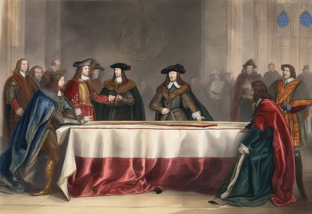 Watercolor painting based depiction of King James IV of Scotland concludes peace negotiations with England by agreeing to the Treaty of Everlasting Peace. This treaty sought to end hostilities and was marked by the marriage of James IV to Margaret Tudor, daughter of Henry VII, symbolizing a strengthened relationship between the two kingdoms. (1503)