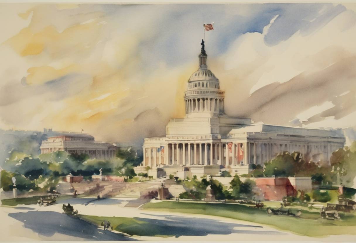Watercolor painting based depiction of The United States' Anti-War isolationist organization, the American League Against War and Fascism, later known as the American League for Peace and Democracy, held a prominent conference. (1935)
