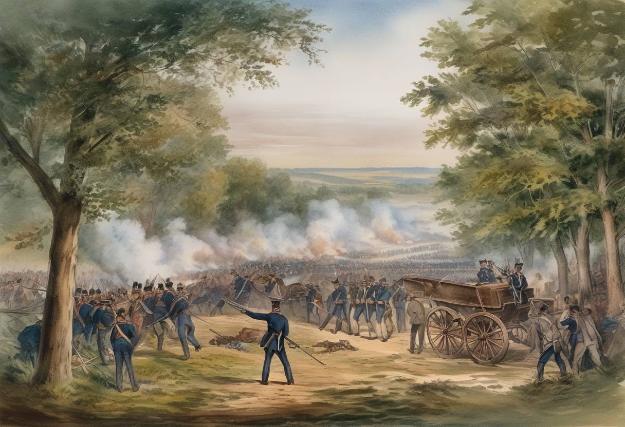 Watercolor painting based depiction of The Battle of Westport took place during the American Civil War, which was considered the largest battle fought west of the Mississippi River. Union forces under Major General Samuel R. Curtis decisively defeated the Confederate troops led by Major General Sterling Price. (1864)