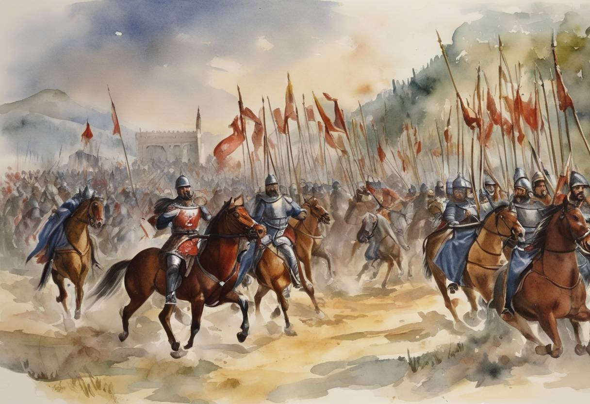 Watercolor painting based depiction of The Battle of Montecatini occurred during the Wars of the Guelphs and Ghibellines as a part of the larger struggles between the Holy Roman Empire and the Papacy. Troops from Pisa and the Holy Roman Empire, led by Uguccione della Faggiuola, defeated a coalition of Florentine and Neapolitan forces. (1315)