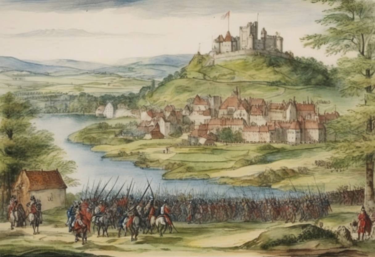 Watercolor painting based depiction of Scotland ratified the Treaty of Cateau-Cambrésis, ending wars with France. This marked the conclusion of the Italian Wars that had embroiled various European powers. (1559)