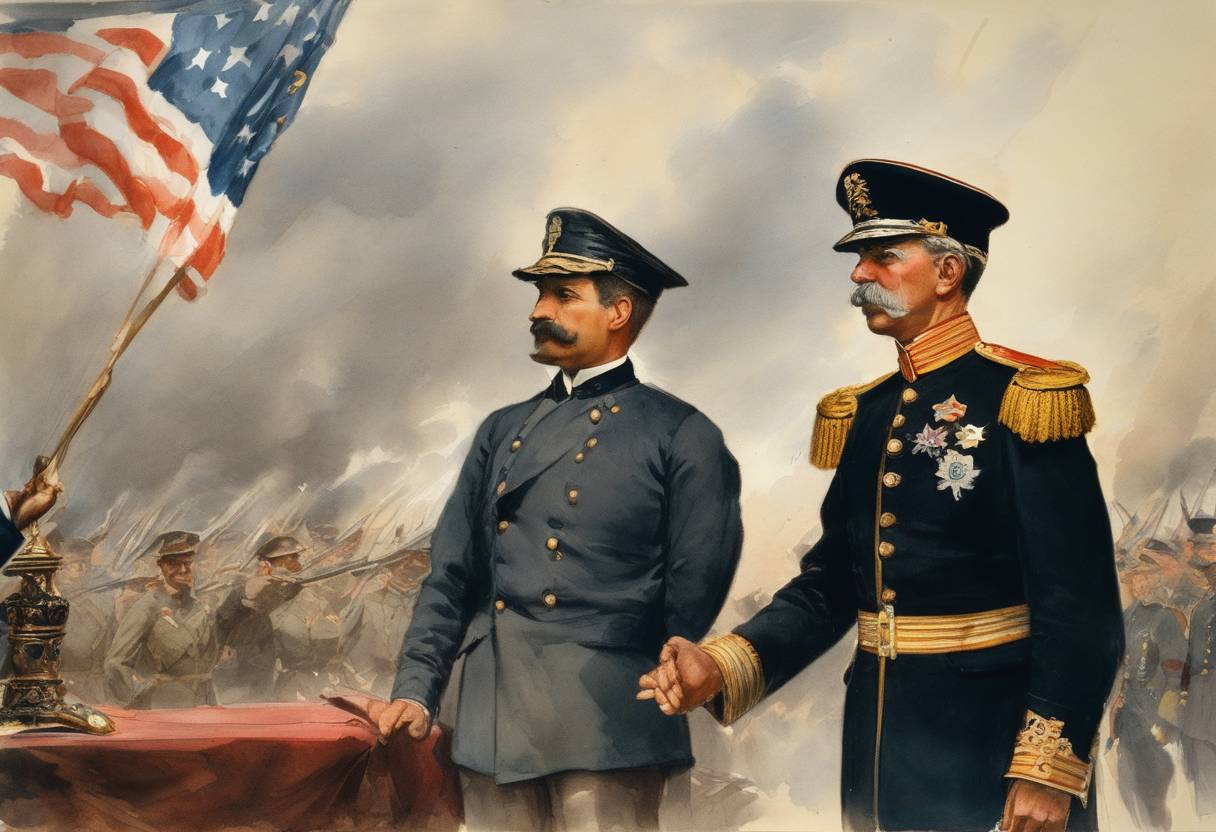 Watercolor painting based depiction of The Spanish-American War: An armistice was signed between Spain and the United States, effectively ending hostilities. This agreement led to the eventual formal peace treaty known as the Treaty of Paris. (1898)