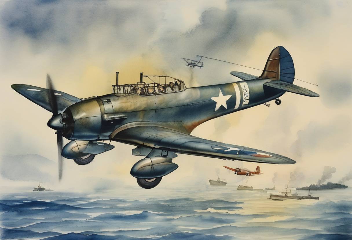 Watercolor painting based depiction of The United States Army Air Forces began Operation Starvation, an aerial mining campaign to blockade Japanese shipping routes during World War II. (1945)