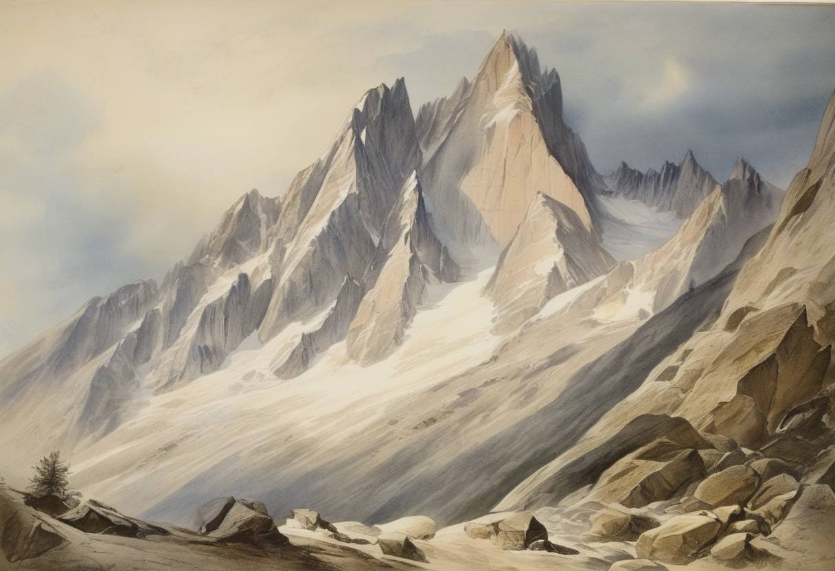 Watercolor painting based depiction of The first recorded ascent of Aiguille du Dru in the French Alps is made by the French alpinists led by A. Favre and guide Jean-Marie Couttet. (1845)